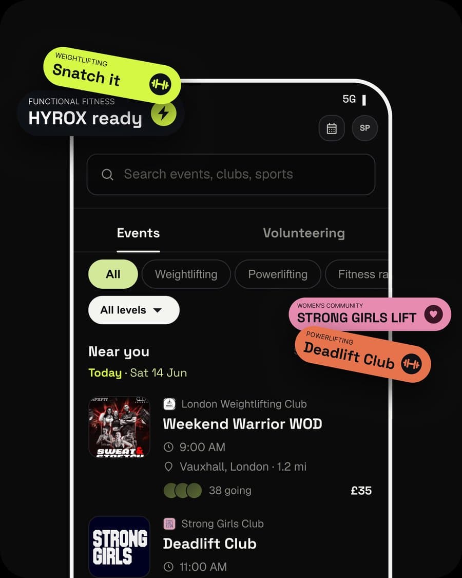 Athlo Club Discover screen showing nearby strength events with sport and community tags — Snatch it, HYROX ready, Strong Girls Lift, Deadlift Club — matched to the athlete.