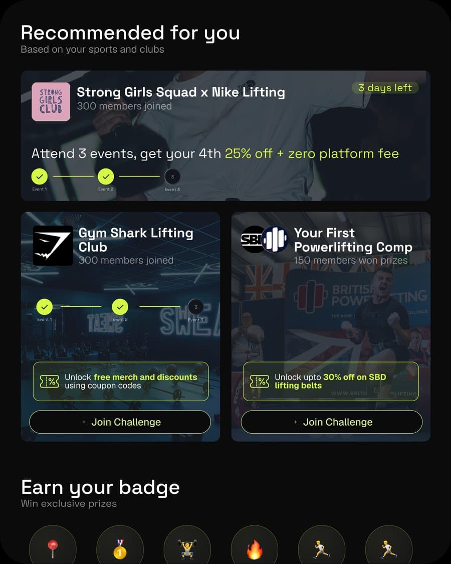 Athlo Club recommended-challenges screen showing event-attendance progress bars unlocking discounts, zero platform fees and free merch, plus a badges row.